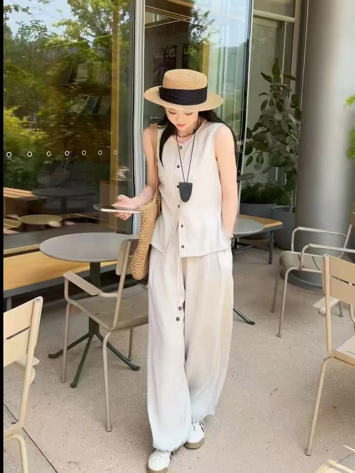 高级感老钱风亚麻套装女夏季2025新款薄款气质马甲阔腿裤两件套
