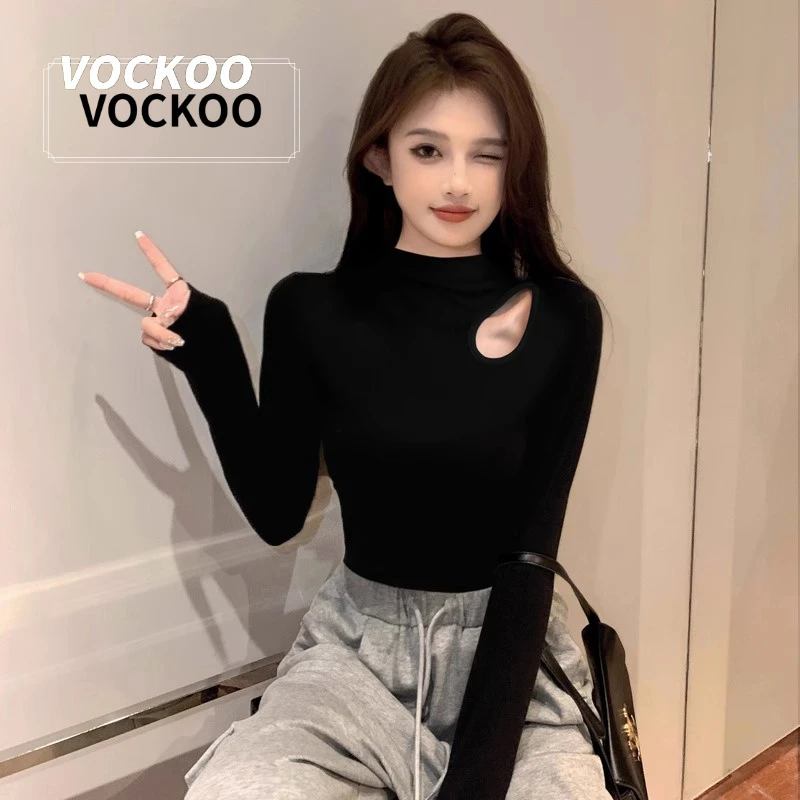 VOCKOO螺纹黑色镂空半高领打底衫女早秋内搭薄款针织修身洋