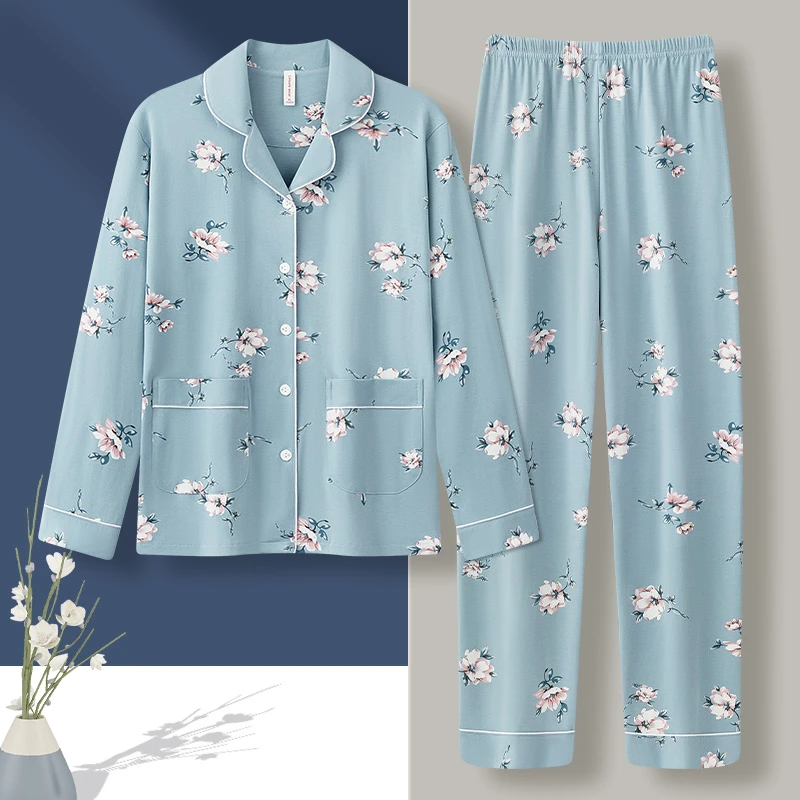 高档100%睡衣女士春秋季新款长袖大码宽松开衫休闲甜美家居服套装