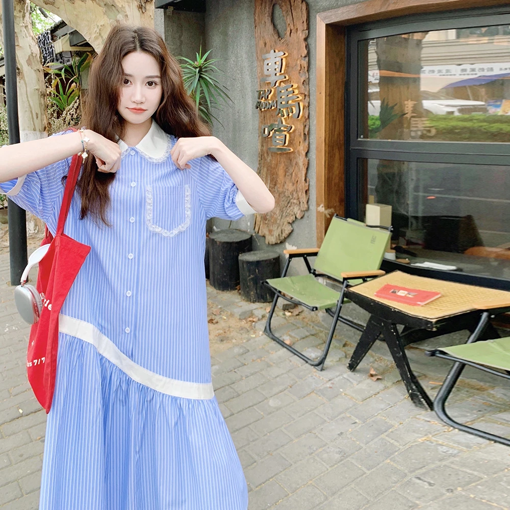 韩系甜美慵懒风衬衫裙女2025夏季新款蕾丝花边娃娃领不规则连衣裙