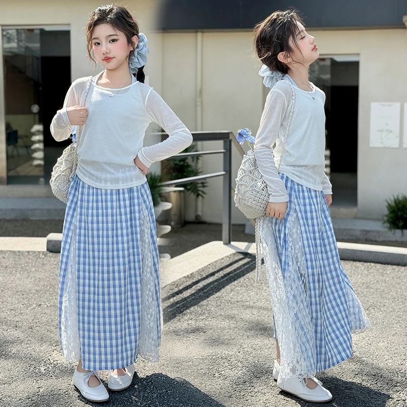 童装女童夏季洋气欧若风蕾丝裙三件套6-12岁15中大儿童小女孩套装