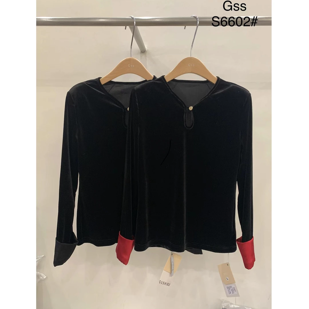 KIKI严选：【6602】欧洲站新中式国风原创丝绒拼色袖口衬衫上衣