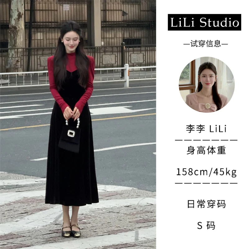 【朱砂痣】LiLi法式复古赫本风红色针织打底+丝绒裙套装XMZH4490