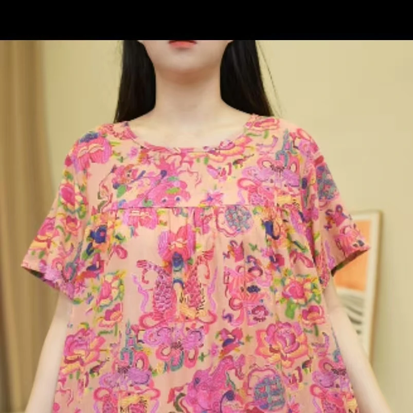 新锦鲤——国风  2025新款 短袖人棉大码妈妈装中长款宽松绵绸时尚