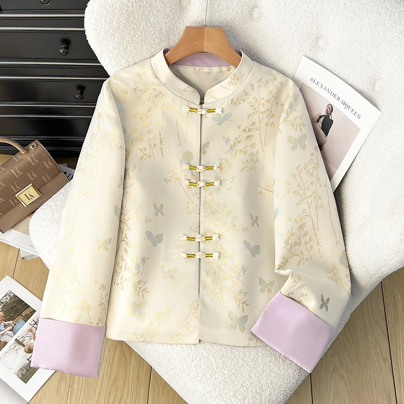 新中式国风缎面印花拼接外套女2025春秋新款时尚减龄短款夹克上衣