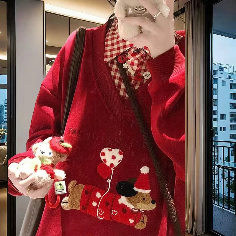 秋冬加绒格子拼接假两件翻领卫衣女红色特大码300斤学院风上衣潮