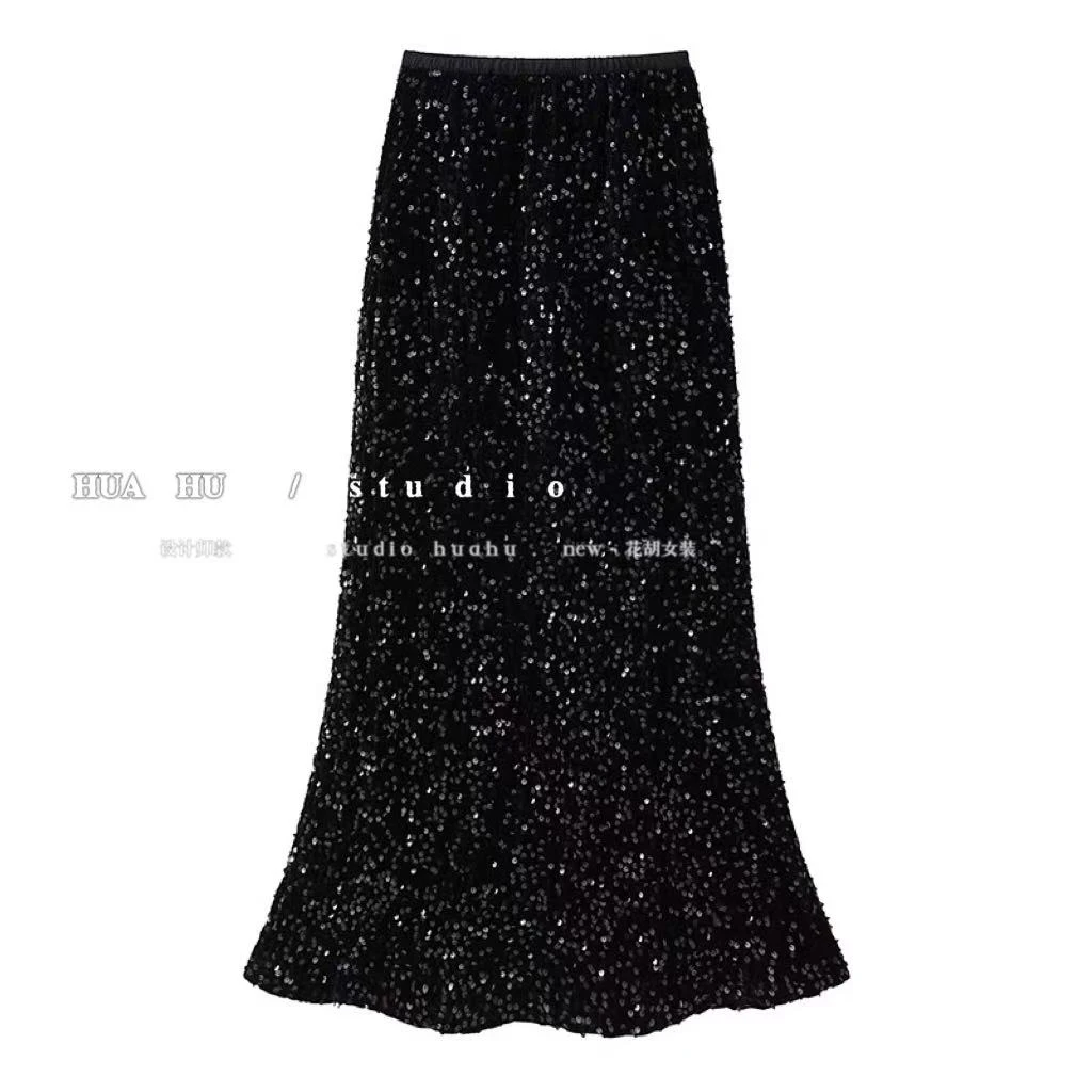 A秋季亮片丝绒慵懒风韩系垂顺中长款a字鱼尾裙女新款裙子