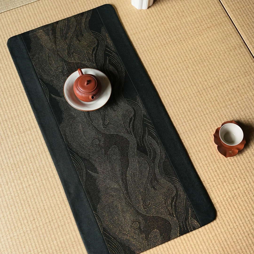 【慢蓝】新款山海经系列黑绿双拼/反面绿色龟裂纹香云纱茶席60*28