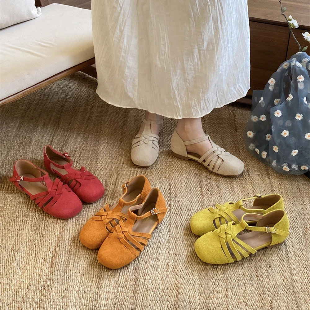 真皮编织包头镂空罗马凉鞋女仙女风2025年夏季新款配裙凉拖240-2