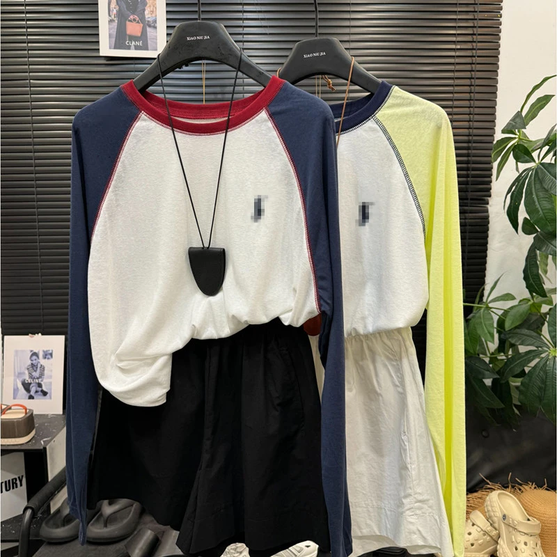 撞色刺绣防晒衫女2025春秋新款拼接圆领宽松上衣休闲百搭长袖T恤