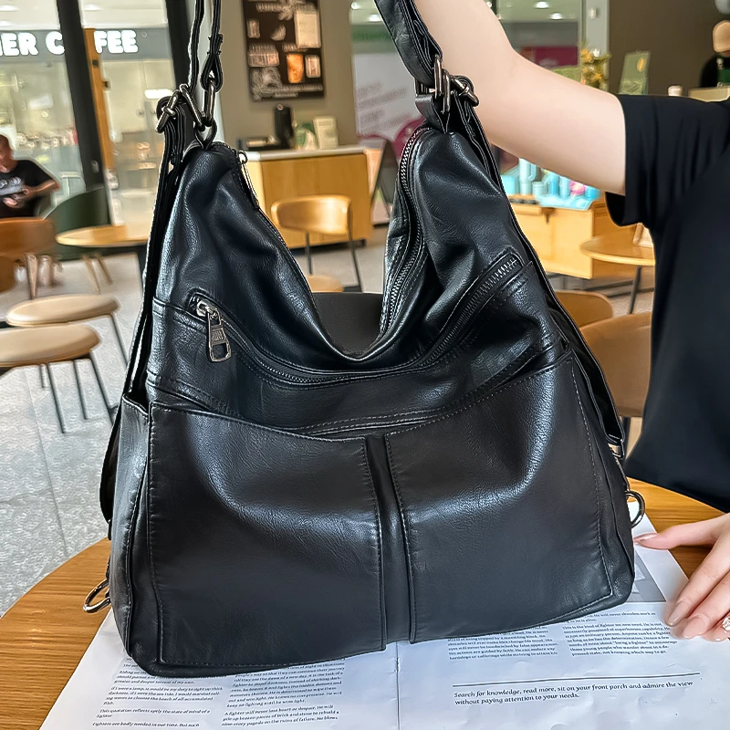 新款2025时尚高级感两用真皮双肩包女包简约百搭单肩斜挎包背包潮