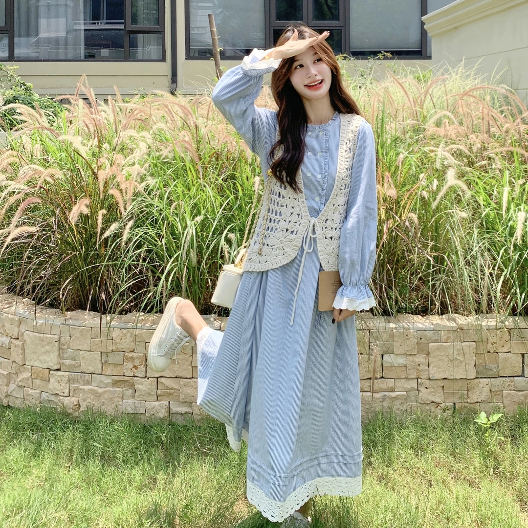 文艺清甜系带开衫套装女2025秋季新款温柔风可爱花边连衣裙两件套