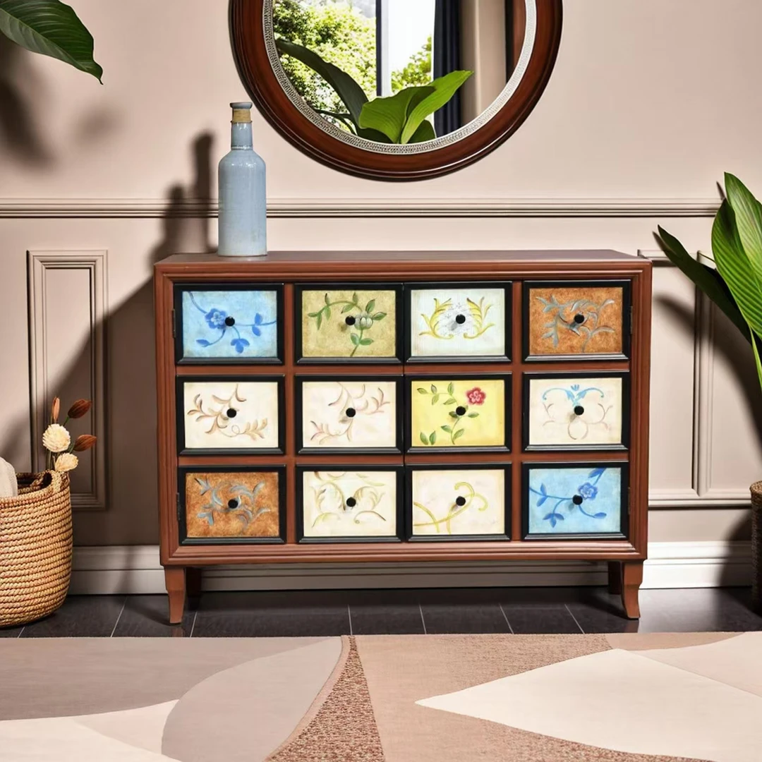 美式做旧双门鞋柜收纳柜子简约卧室储物柜复古客厅柜彩绘斗柜