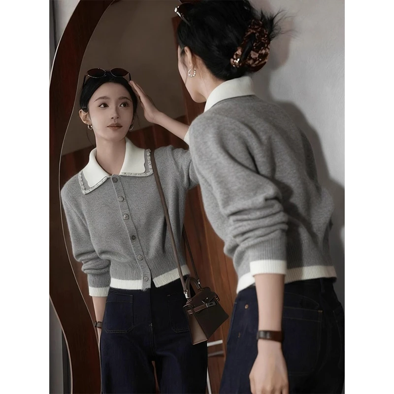 翻领假两件灰色针织毛衣开衫秋冬韩系女装短款独特漂亮小外套上衣