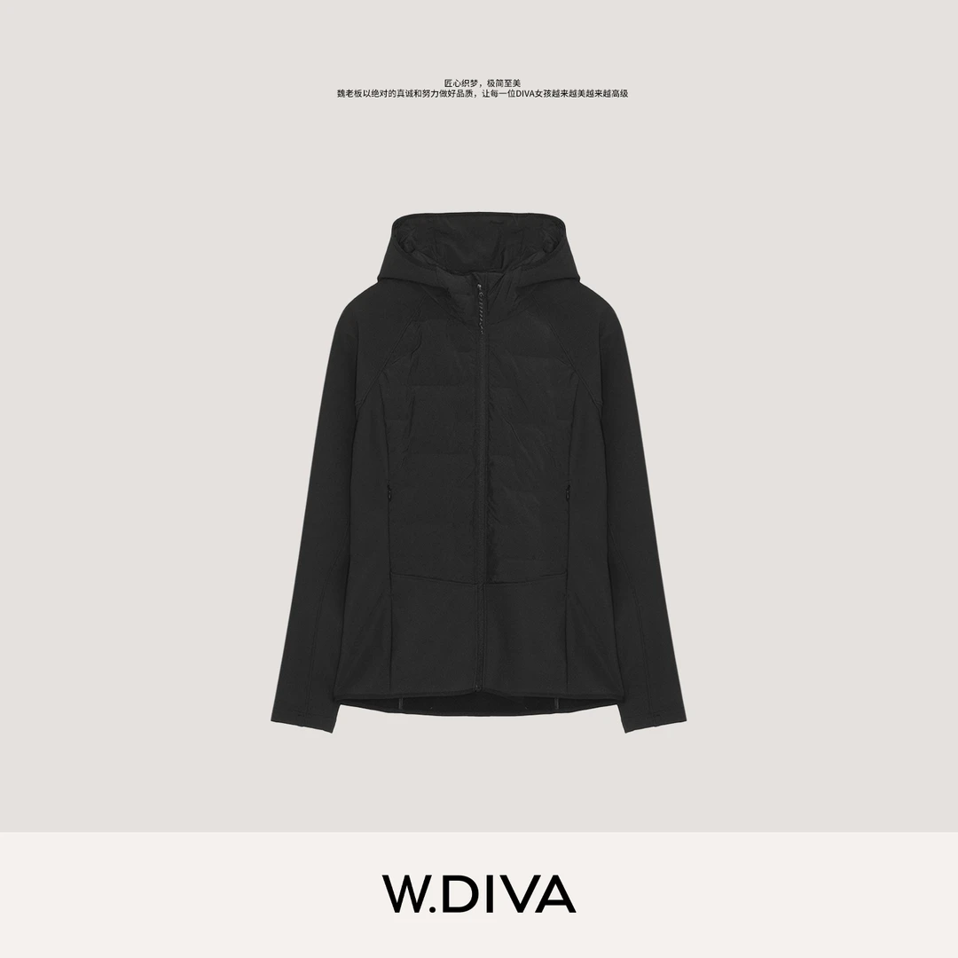 W.Diva【匿境】秋冬超柔磨毛拼接羽绒服90鹅绒连帽外套54C022565