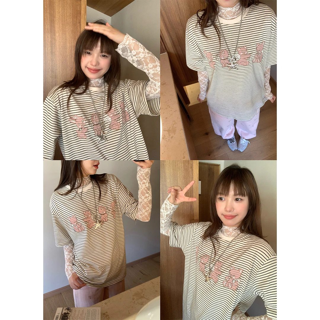 NIDEBLACK韩系少女宽松套头可爱小动物图案经典细条纹短袖t恤上衣