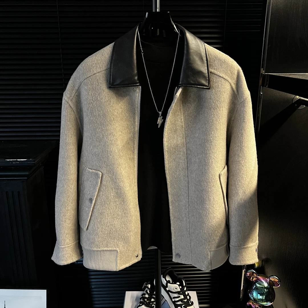 YY-羊毛双面呢外套拼接pu皮领男无缝锁边毛呢高级感夹克