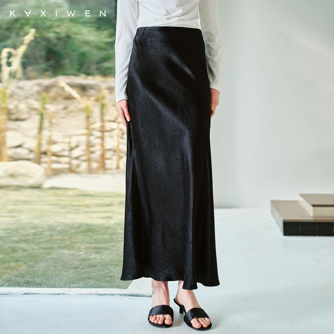 佧茜文宽松气质醋酸直筒半身裙【春秋】优雅垂感黑色长款D02BQW5044