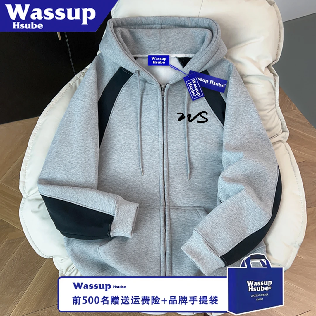 WASSUP HSUBE宽松长袖秋冬拉链印花趣味艺术字母上衣情侣三条杠