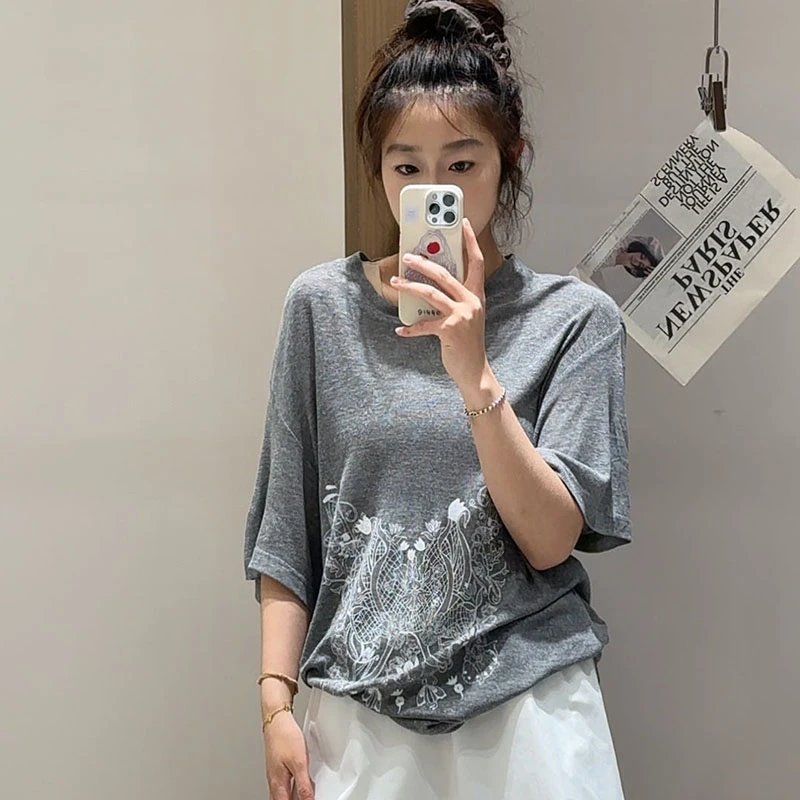 YANAG原创设计师款25SS夏季新款拇指姑娘蕾丝腰封印花亚麻T恤