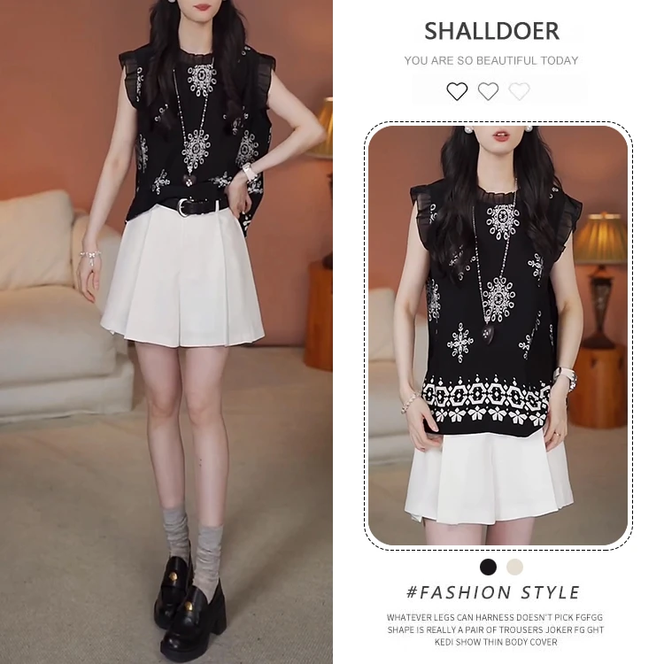 港风复古时尚套装女夏季新款复古印花无袖衬衫上衣显瘦短裤两件套