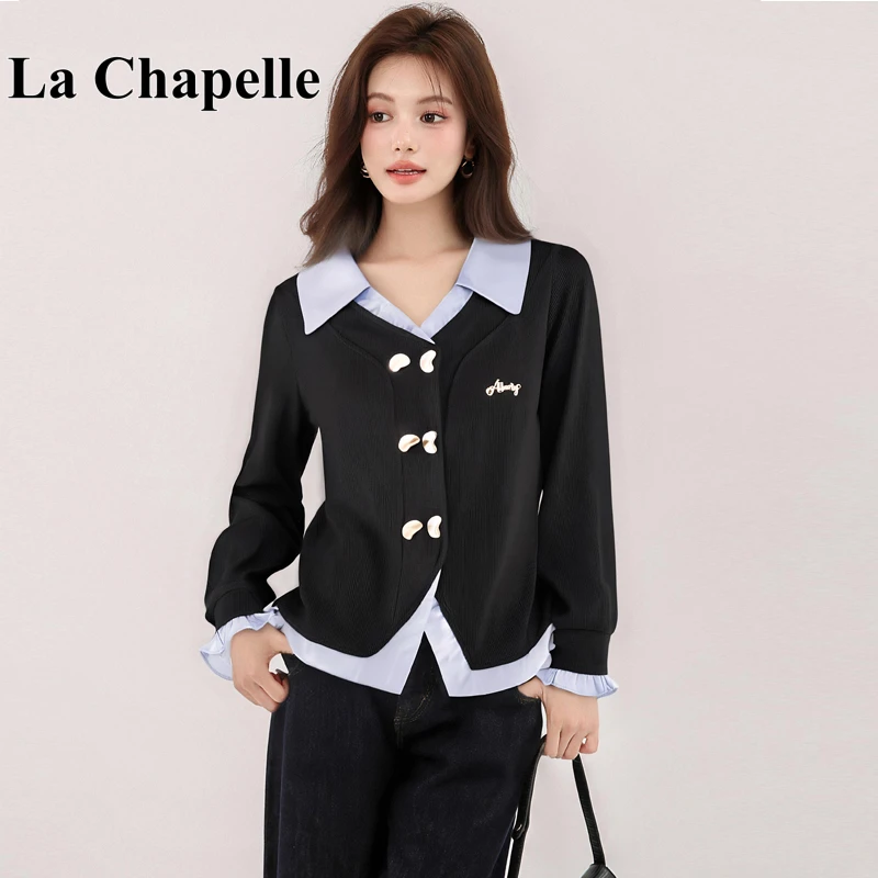拉夏贝尔2025秋季学院风撞色气质拼接木耳边假两件长袖衬衫上衣女