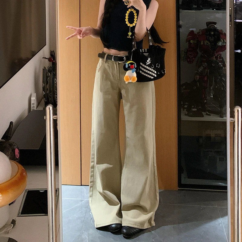 卡其色低腰复古水洗牛仔裤女2025夏秋新款辣妹高级感微喇阔腿裤子