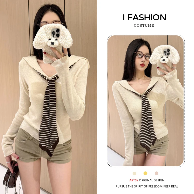 学院风海军领长袖针织衫女2025年春秋新款条纹披肩拼接假两件上衣