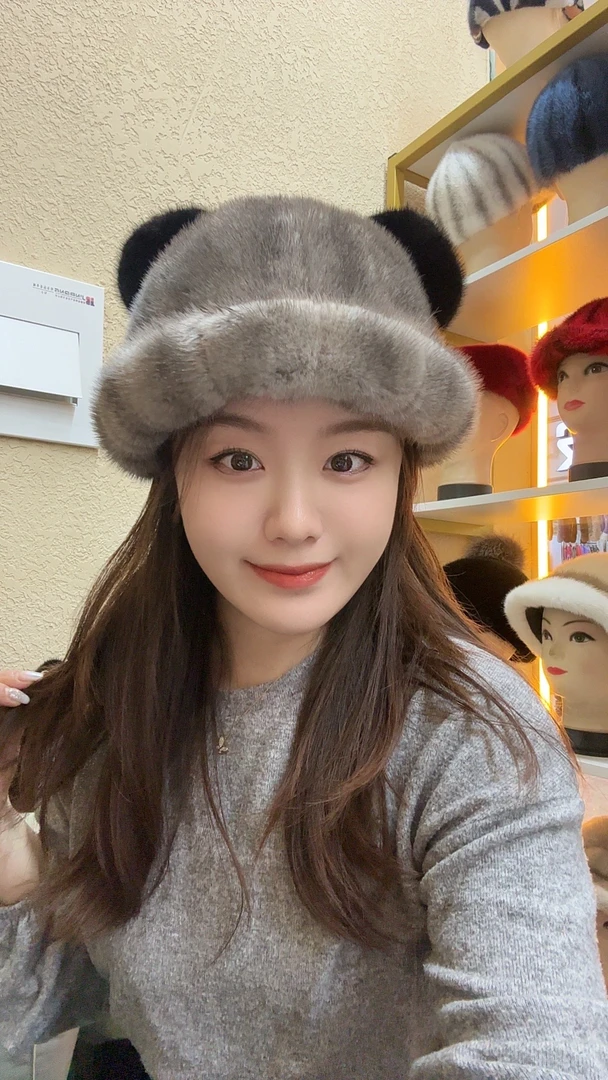 小熊耳朵卷边帽子真毛水貂貂毛帽