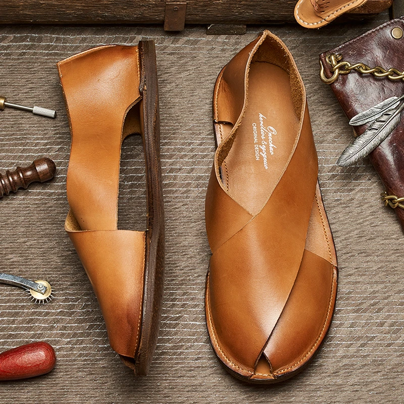 休闲男夏季罗马凉鞋真皮百搭舒适时尚软底休闲复古男士沙滩鞋E178