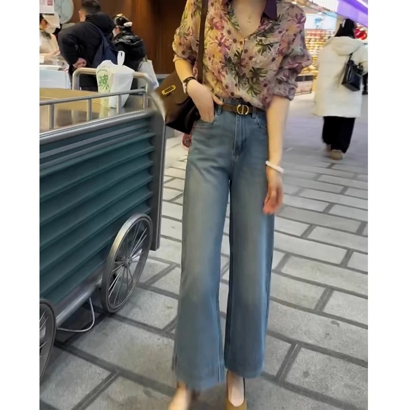 蓝色高腰弹力直筒牛仔裤女春夏大码胖mm宽松显瘦小个子九分阔腿裤