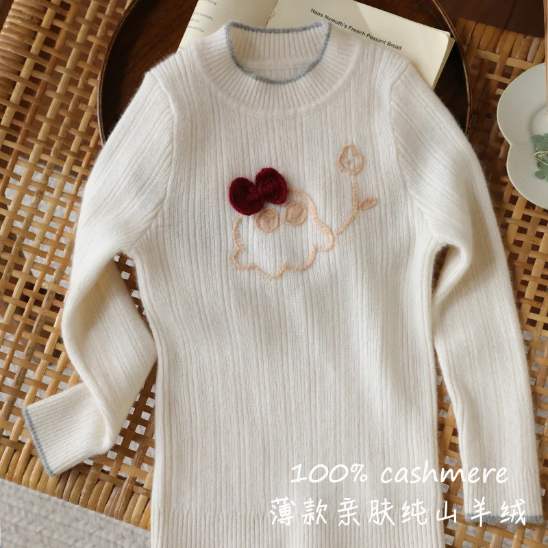薄款亲肤洪叶云台儿童100%纯山羊绒女童毛衣宝宝手工绣花修身打底