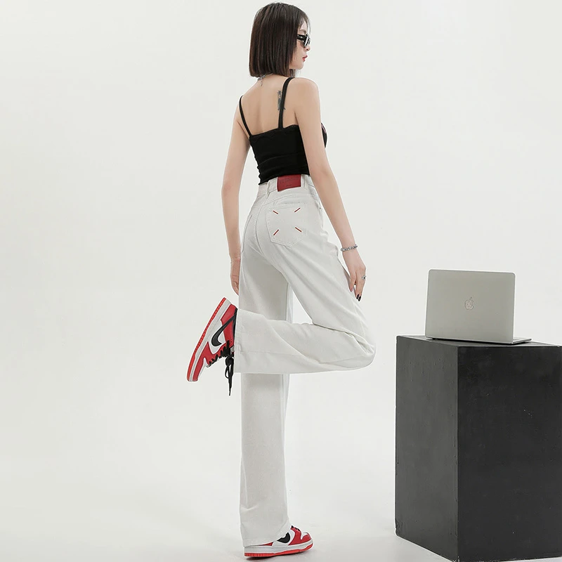 白色窄版阔腿牛仔裤女早春2025年春秋高腰小个子宽松直筒裤子6448
