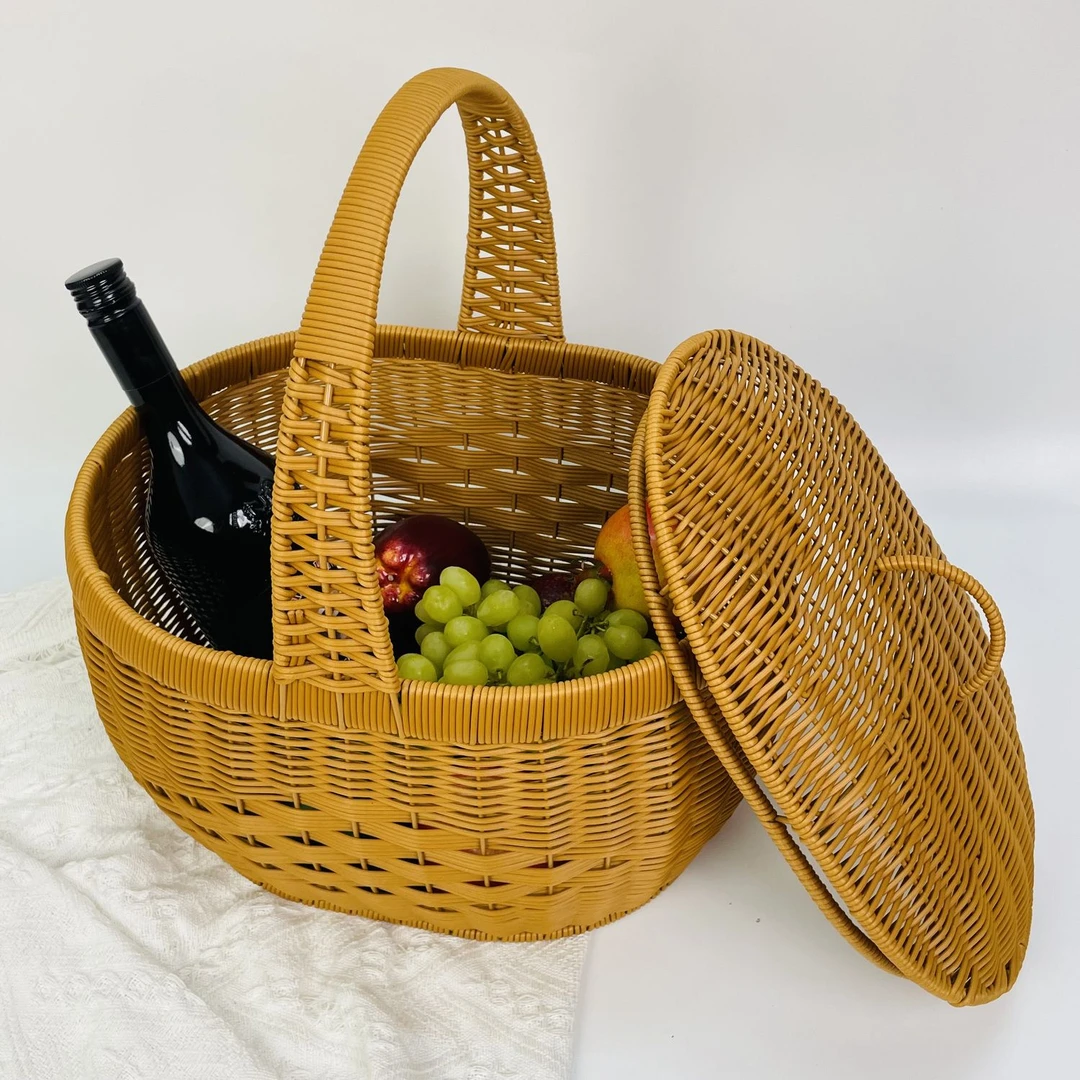 J20仿藤手工编织椭圆形带盖野餐篮手提篮釆摘篮