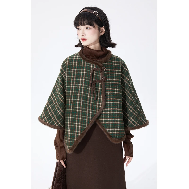 绿咖格毛呢披风斗篷外套女秋季宽松复古夹棉加厚羊毛大衣
