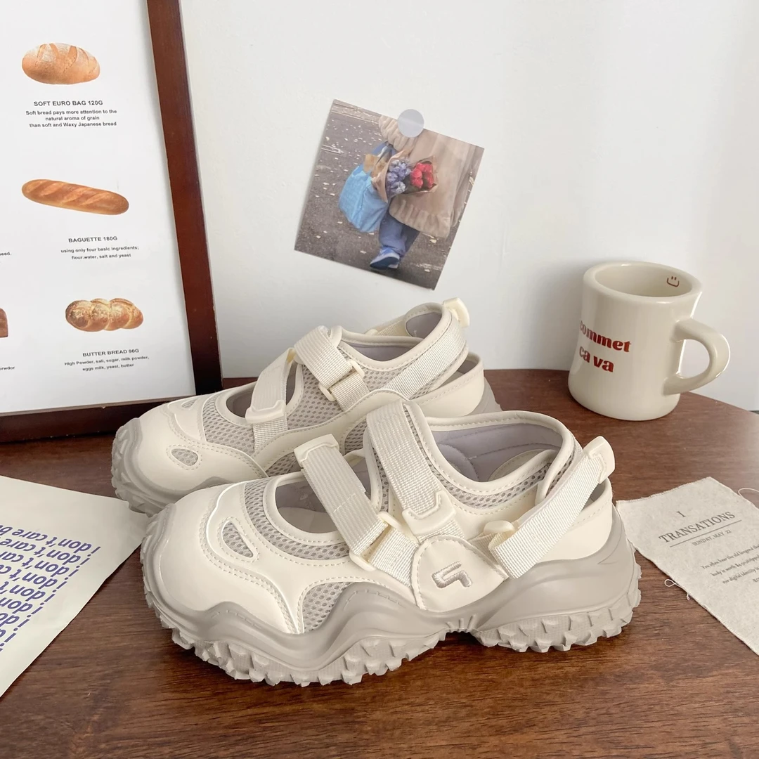 Moleubak镂空小白鞋女凉鞋夏季新款小众魔术贴玛丽珍厚底运动板鞋