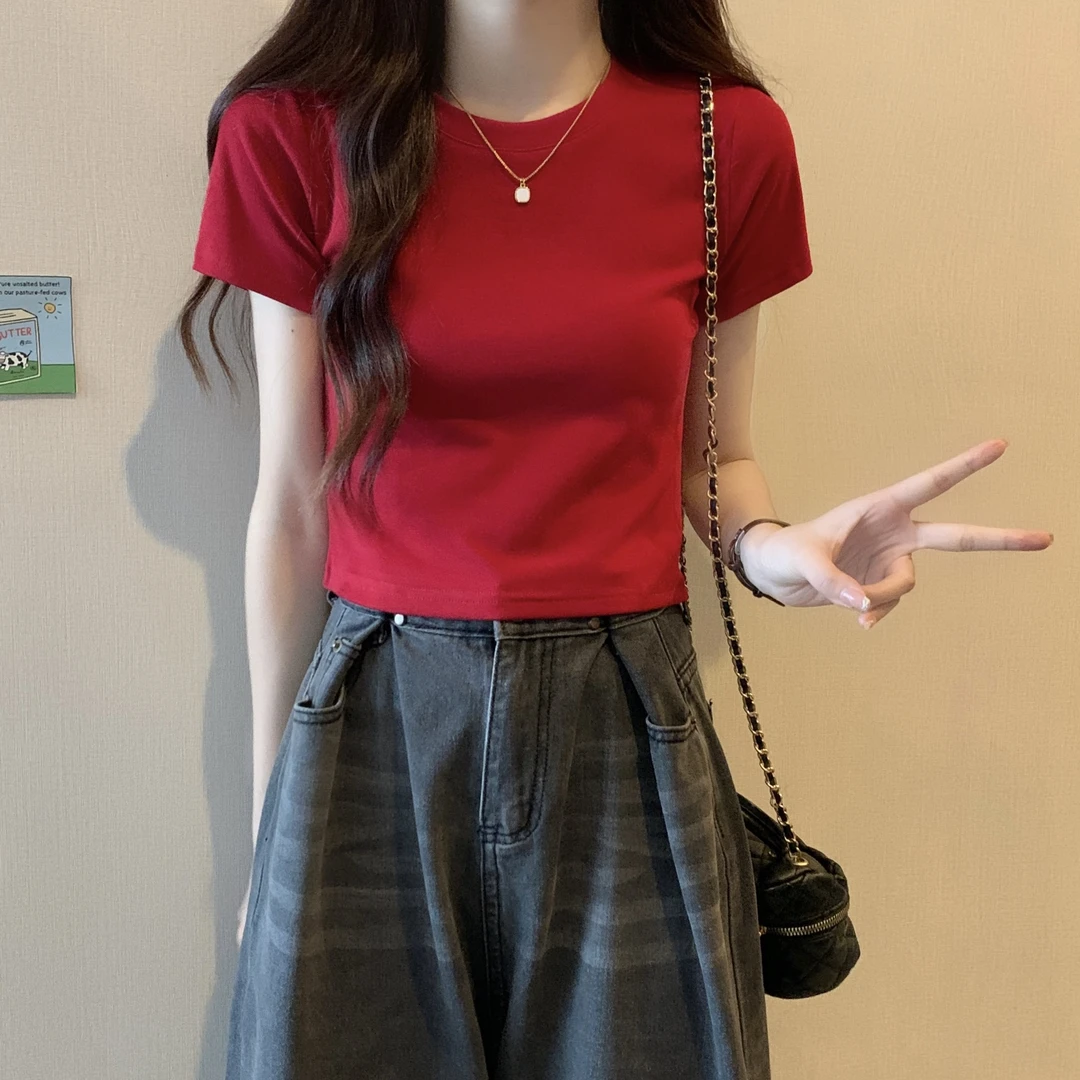 小众正肩短袖T恤女夏季2025新款圆领紧身修身高韩珠片正肩短袖