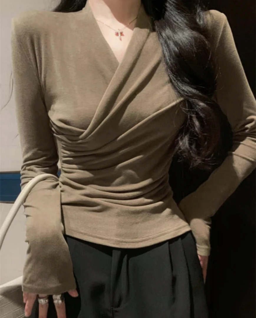 超好看温柔独特气质V领修身中袖针织衫女内搭打底上衣