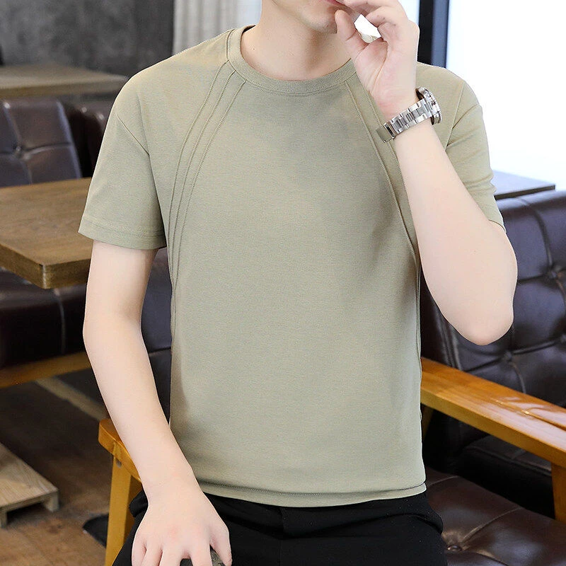 2025夏季潮流百搭褶皱线条工艺圆领棉质短袖男士休闲纯色T恤6586
