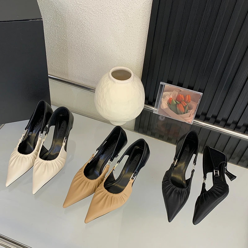 复古褶皱尖头细跟缕空性感一脚蹬高跟鞋气质中空单鞋女