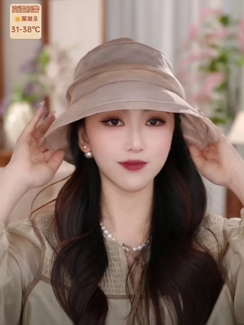 夏季桑蚕丝防晒帽户外可折叠遮阳帽轻奢金环百搭修饰脸型空调帽