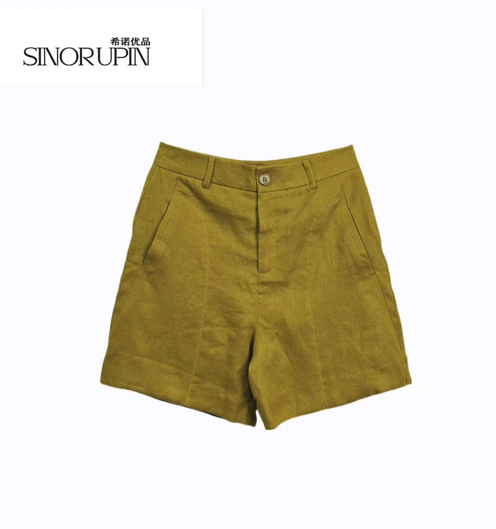 SINOR UPIN夏季高腰A字纯亚麻直筒裤女中裤通勤裤