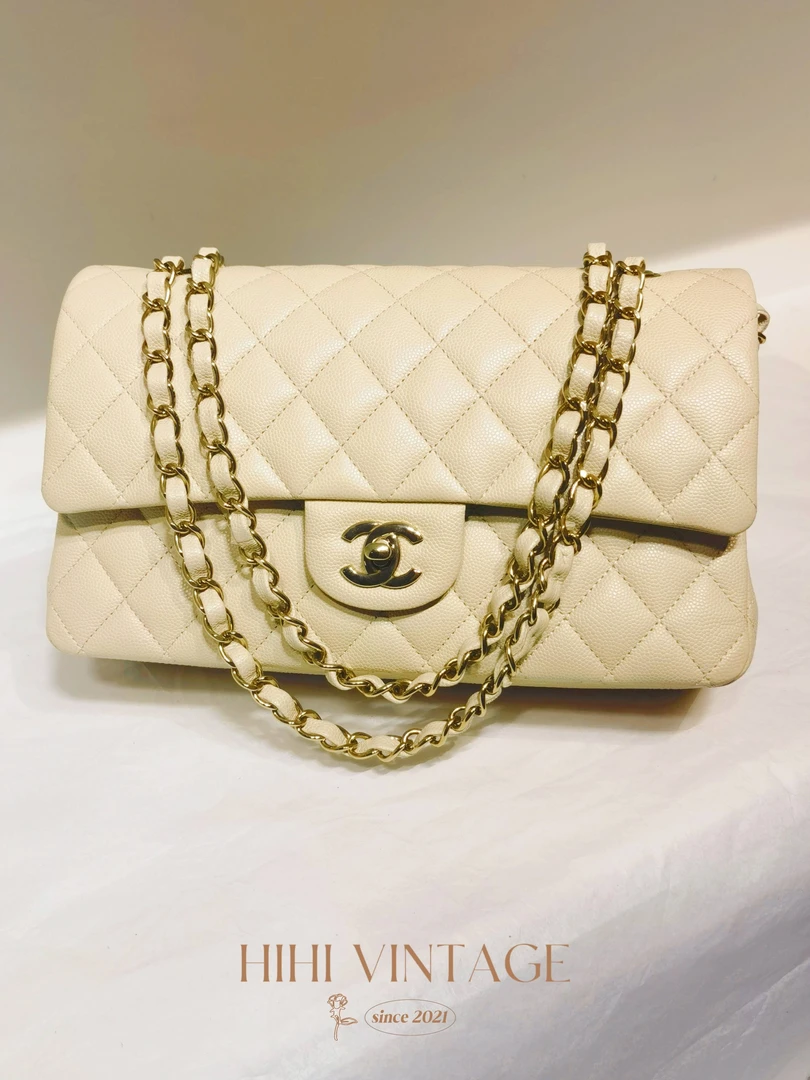 99新 Chanel/香奈儿 奶茶色金扣荔枝纹CF 中号 芯片款/18281384