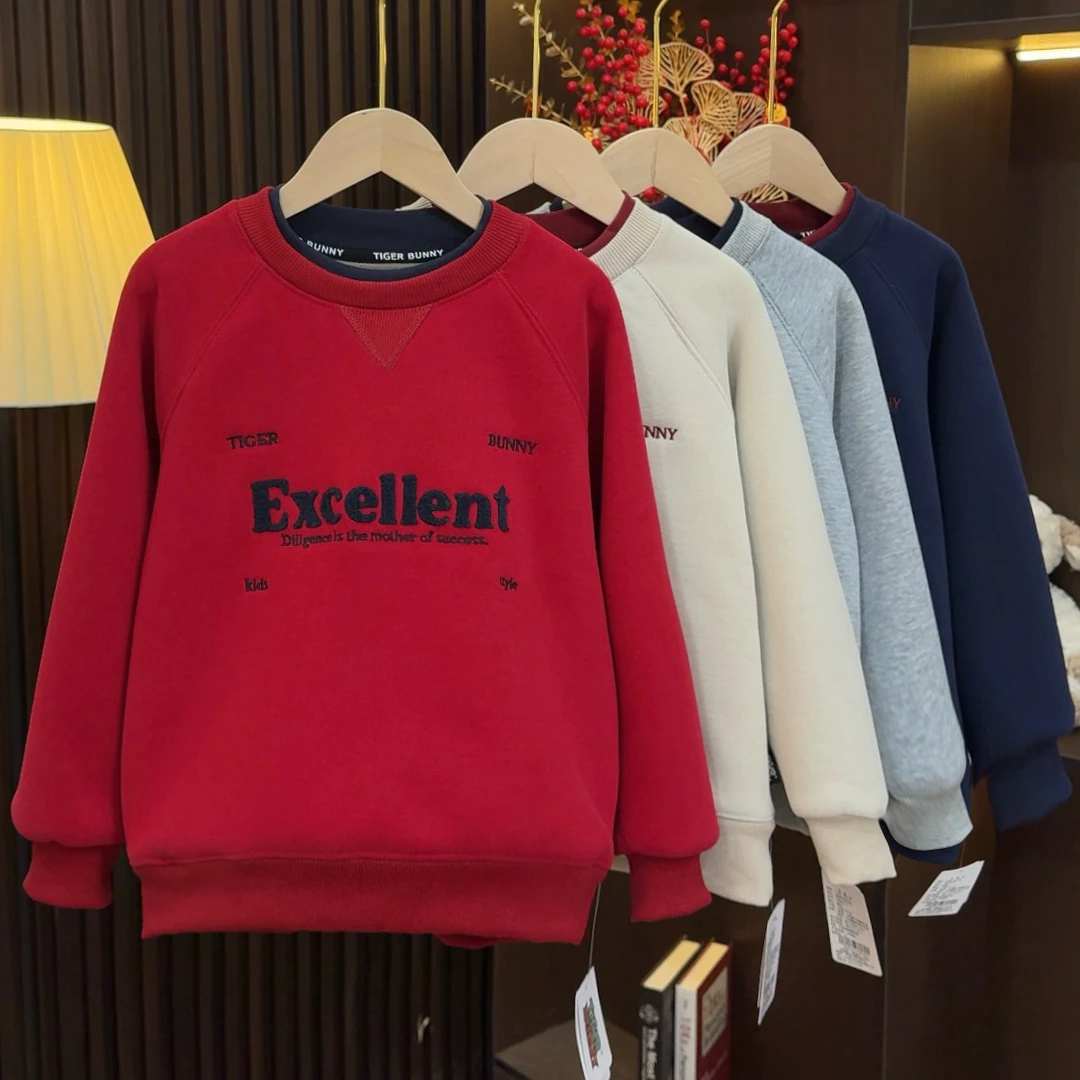 儿童加绒卫衣冬装新款男童假两件打底中大童加厚保暖上衣4117