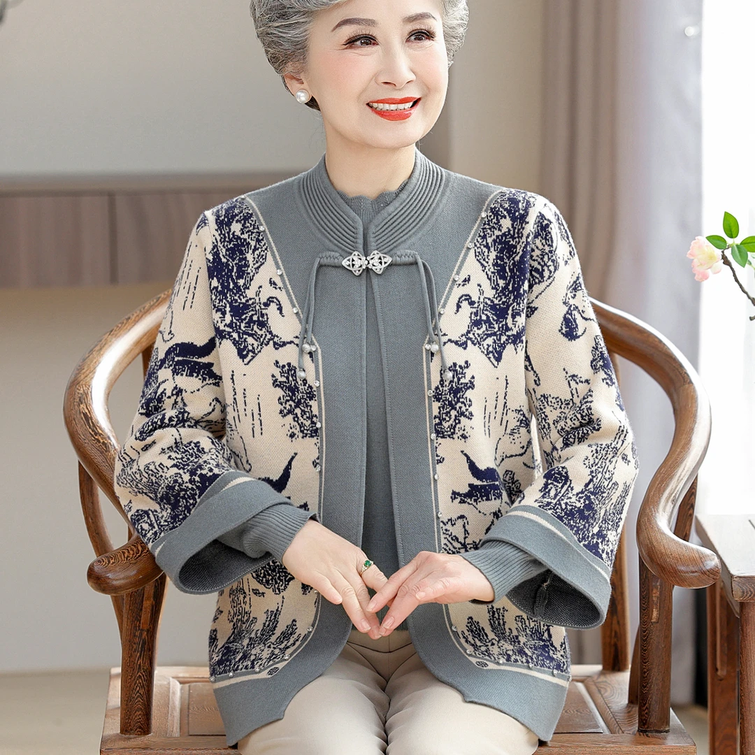 老年人秋装针织两件套奶奶春秋毛衣开衫女老太太针织外套老人衣服