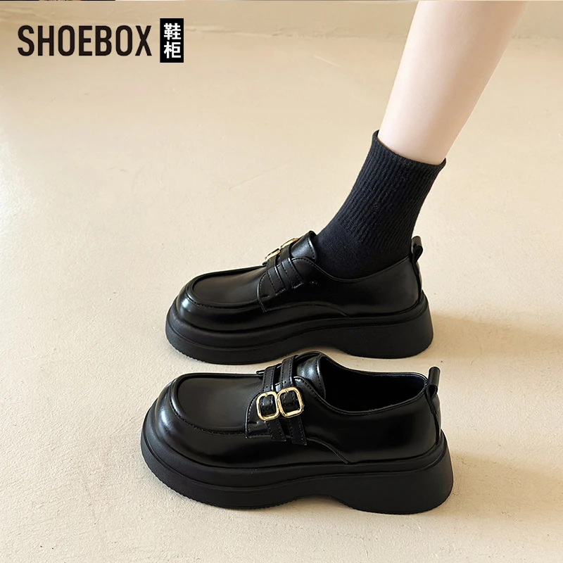 SHOEBOX鞋柜高级感英伦风小皮鞋女鞋2025春新款厚底乐福鞋黑色鞋