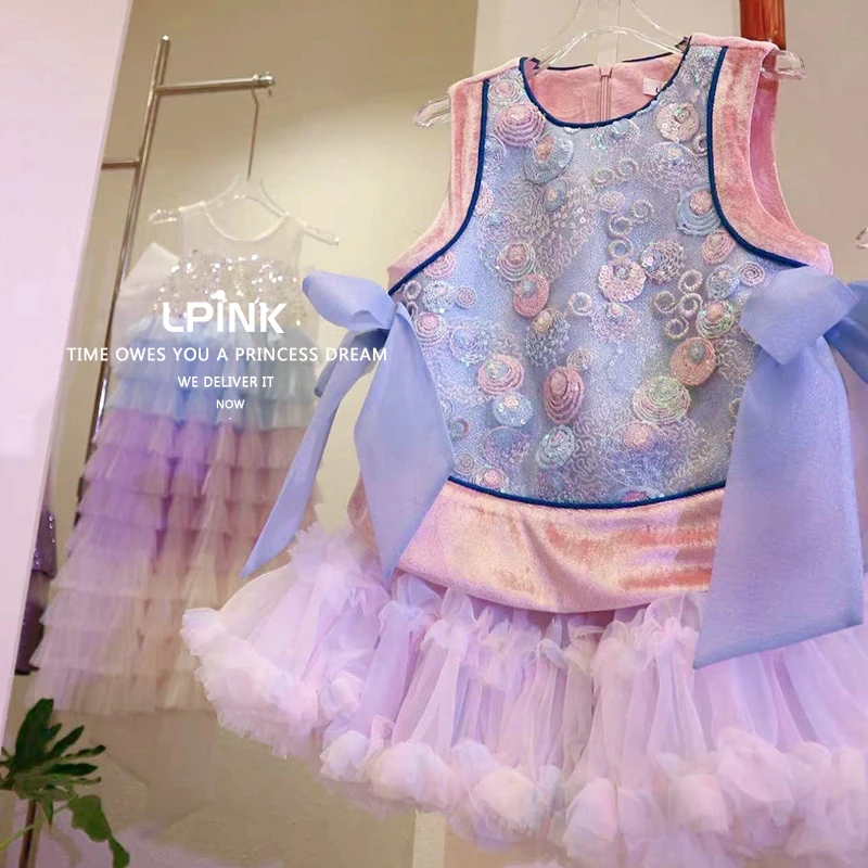 【Lpink童装】秋冬季新款女童国风亮片蝴蝶结加绒马甲 93131蓝粉