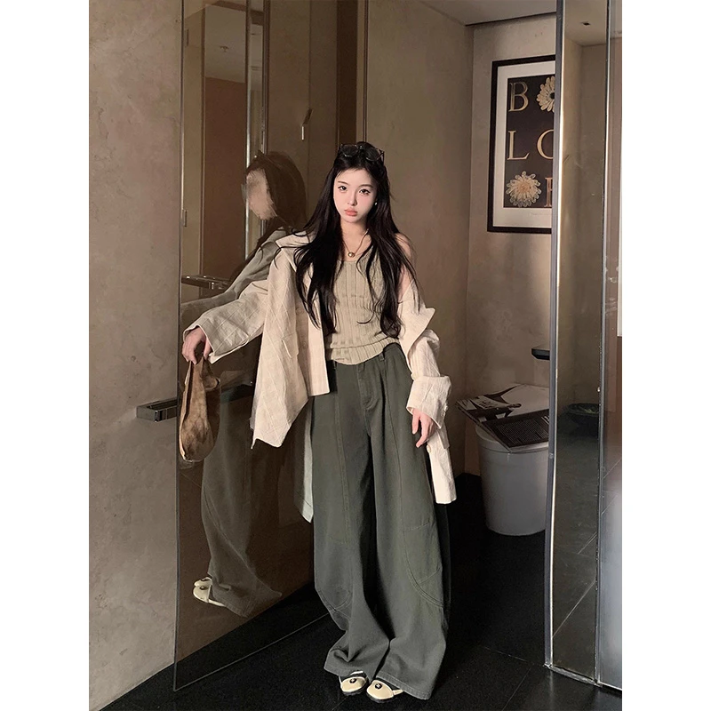 美式复古军绿色弯刀牛仔裤女夏季新款阔腿裤宽松拖地长裤直筒裤子