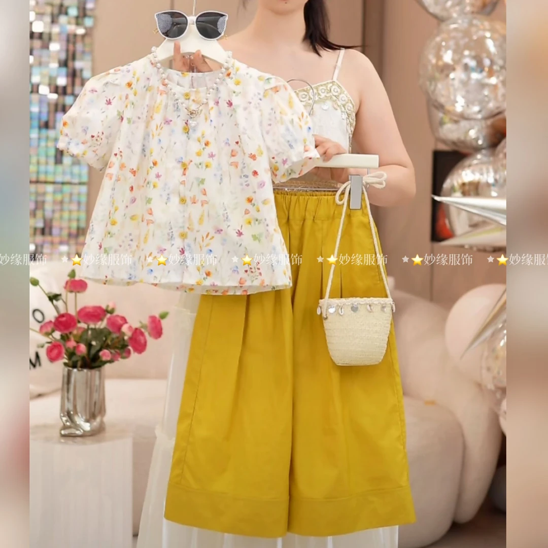 女童夏季2025新款韩版套装儿童洋气短袖衬衫夏装阔腿裤两件套
