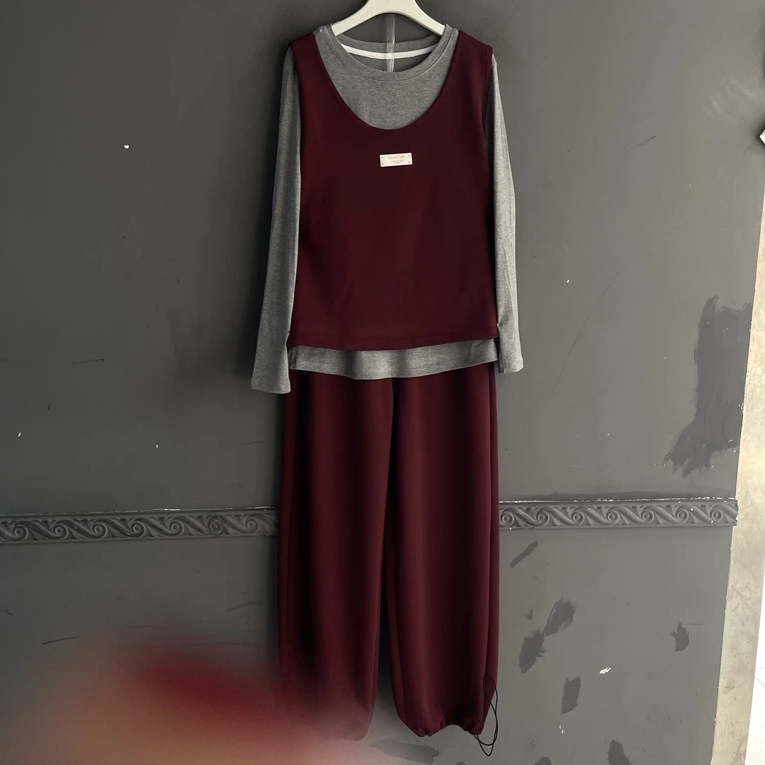 秋季大码女装时尚洋气纯色简约休闲气质马甲套装